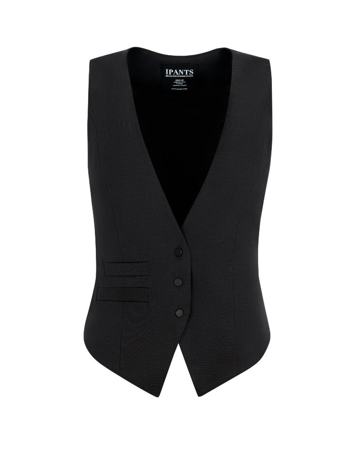 This minimalist wool vest for women is the perfect addition to any wardrobe. Its soft Italian fabric adds a subtle texture to any look, and its four snap buttons on the back make it possible to regulate the silhouette's width. Made of the highest quality woolen fabric in dark grey, this vest looks great in any season and provides a sophisticated touch to any outfit. It has faux front pockets, black matte metal snap-button fasteners, and an inner lining.Composition: 70% wool, 28% viscose, 2% elas Fitted Dark Wash Vest, Tailored Single-button Vest, Vest Looks, Fitted V-neck Vest With Button Closure, Black Single-breasted Tailored Vest, Black V-neck Vest With Button Closure, Vest For Women, Wool Vest, Italian Fabric