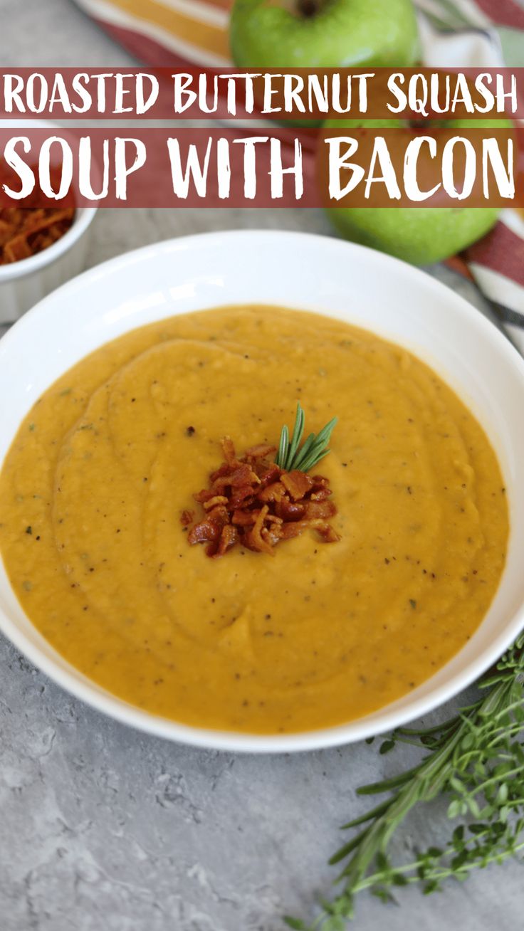 roasted butternut squash soup with bacon in a white bowl on top of a table