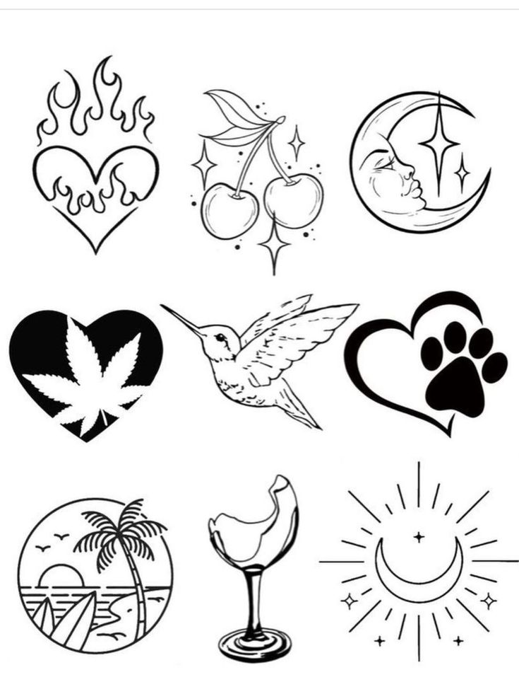 various tattoos and symbols are shown in black and white