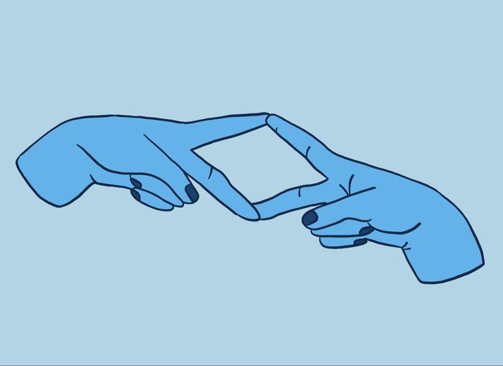 two hands touching each other holding a cell phone with a blank screen in the middle