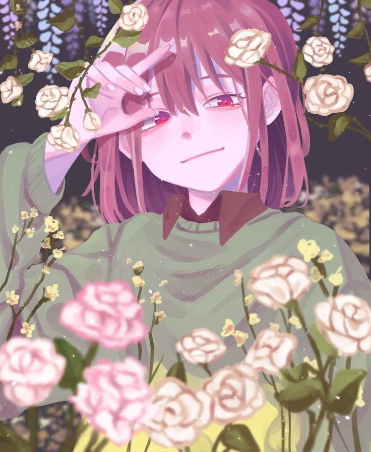 a girl with pink hair and flowers in front of her