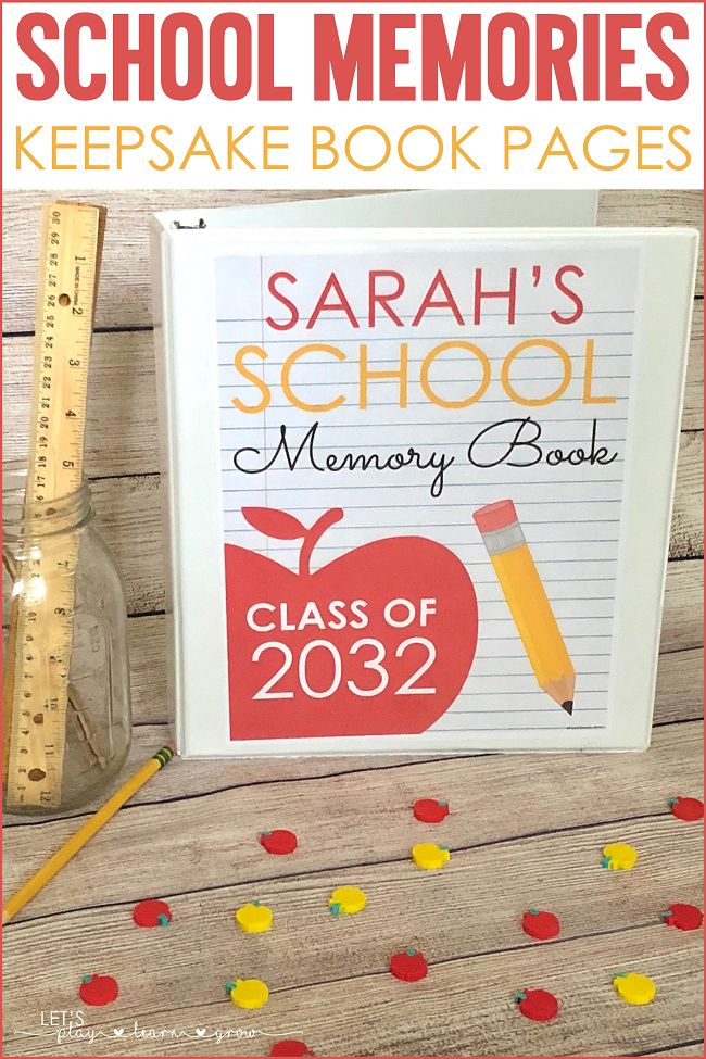 an apple and ruler next to a book with the title school memories keepsake book pages