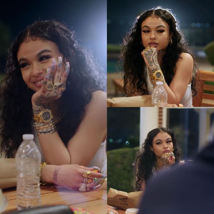 a woman sitting at a table with her hands on her face and other photos of her