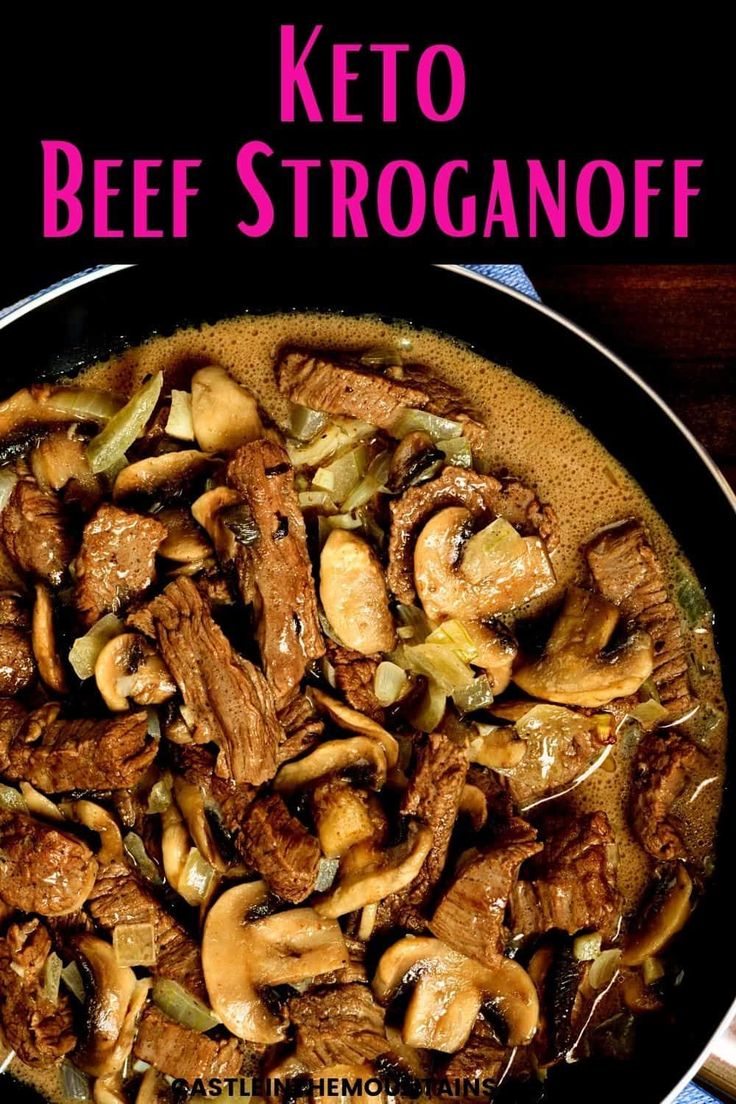 keto beef stroganooffe in a skillet with mushrooms and onions