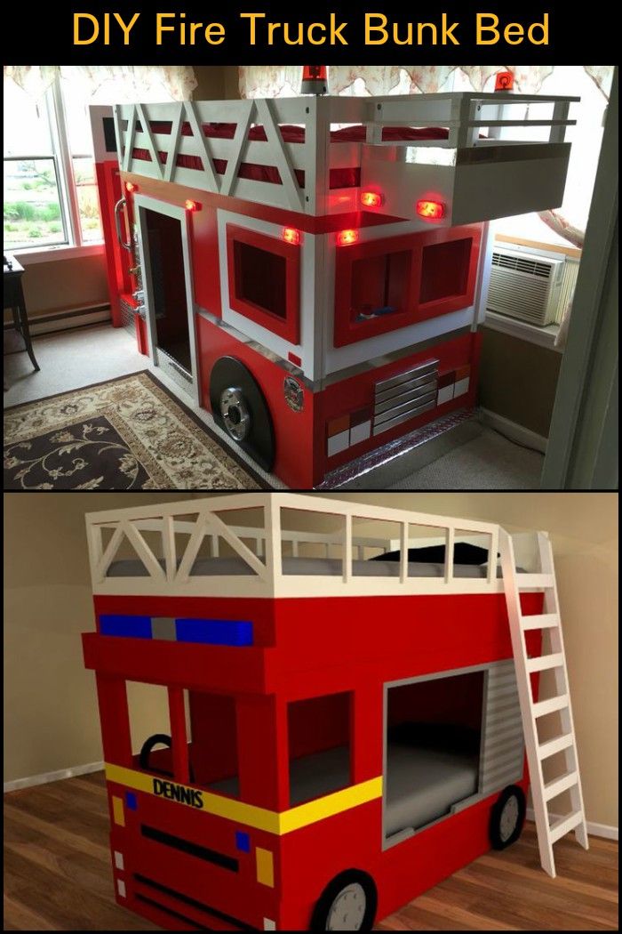 a firetruck bunk bed made out of cardboard is shown in two different views