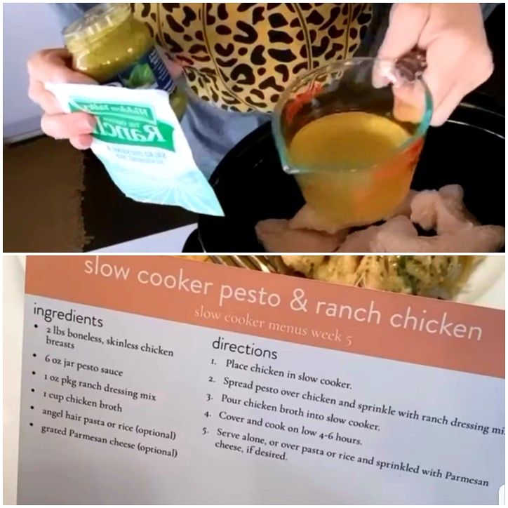 two pictures showing how to make slow cooker pesto and ranch chicken with instructions