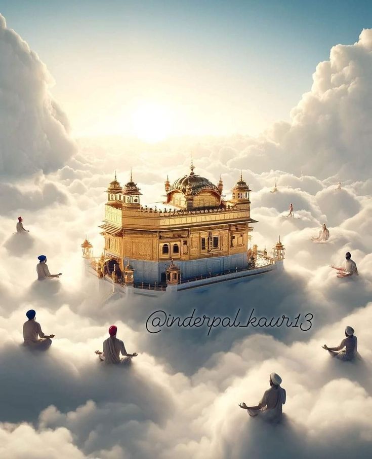 many people are sitting on the clouds in front of a building with a golden roof