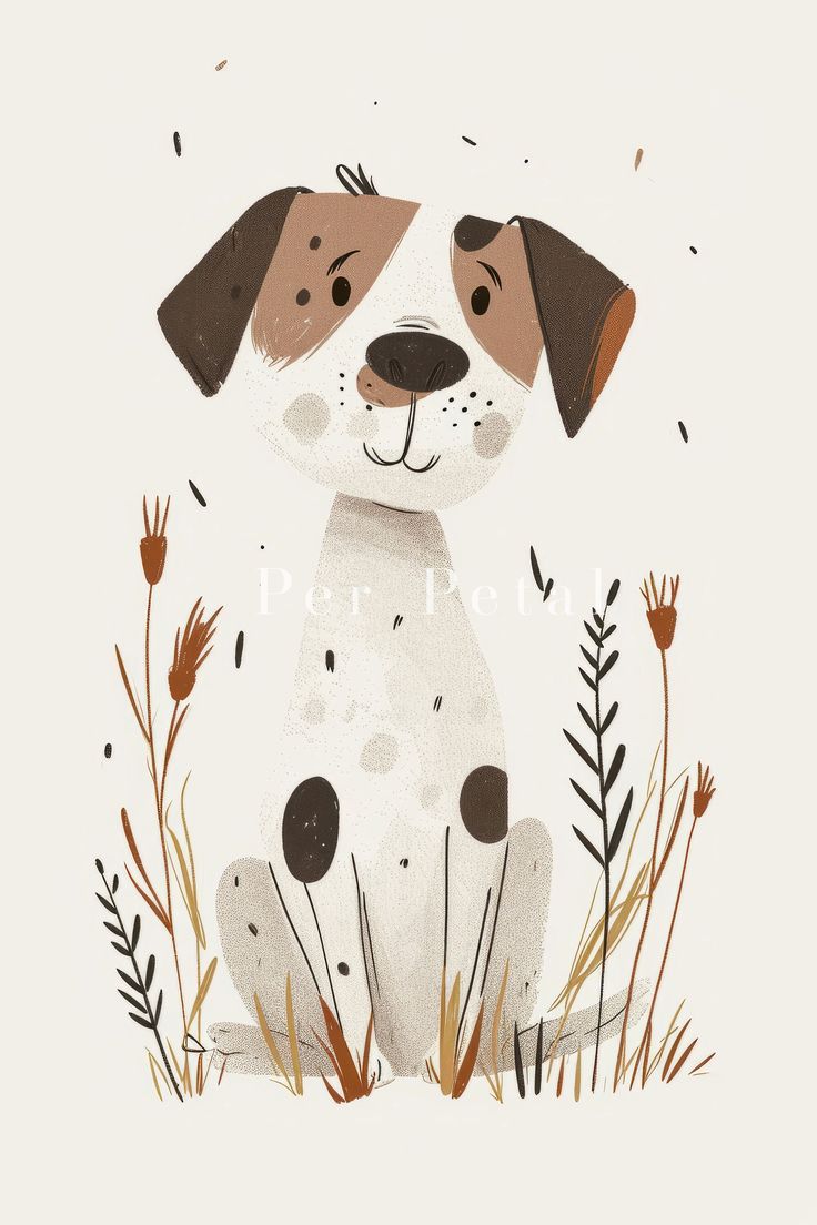 a brown and white dog sitting on top of a grass covered field next to tall plants