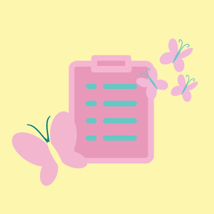 a pink clipboard with butterflies flying around it