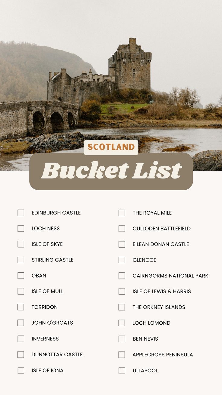 the scotland bucket list is shown with an image of a castle in the background and text