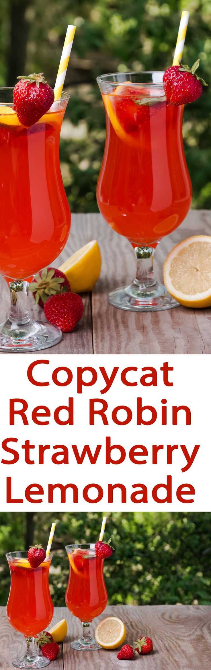 two glasses filled with red robin strawberry lemonade on top of a wooden table next to sliced