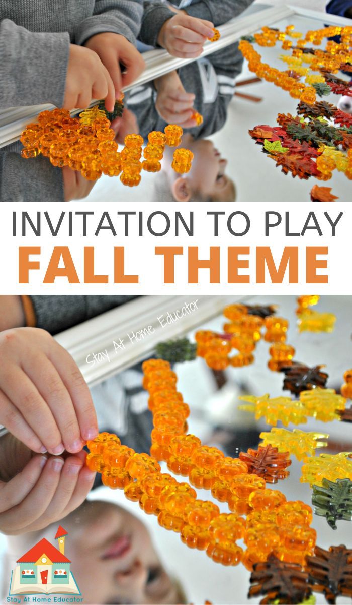 children playing with fall themed activities in the playroom and on the table are orange gummy bears