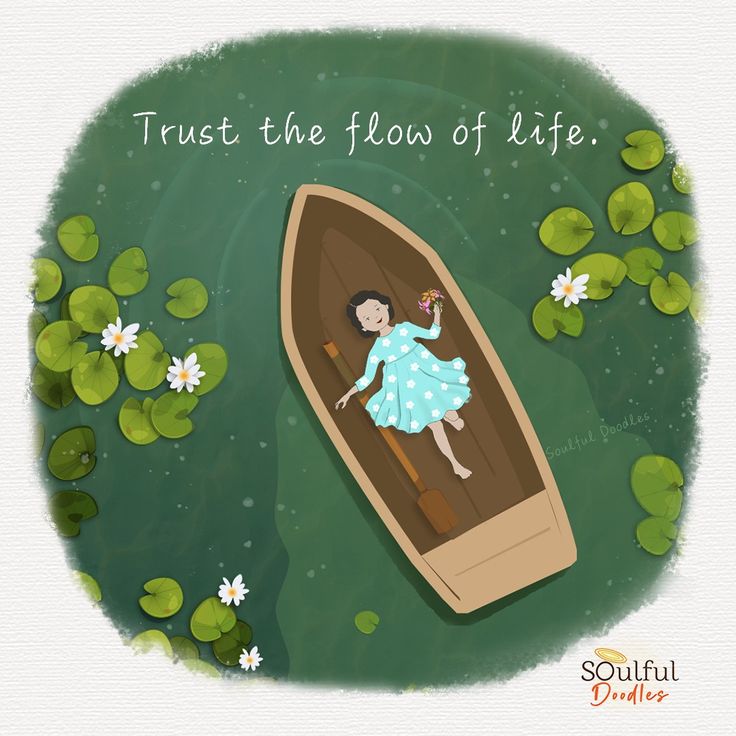 A happy little girl is seen lying down in an empty boat that sails in accordance with the current. Trust the flow of life! Quotes Doodles, Flow Of Life, Joy Quotes, Bridal Lehenga Collection, Peace Illustration, Positive Inspiration, Dreamy Art, Small Paintings, Illustration Artwork