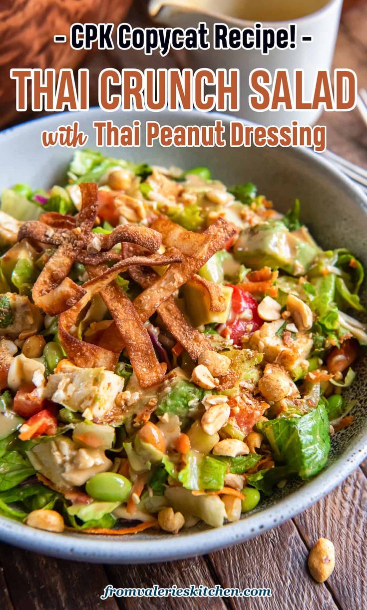 thai crunch salad with thai peanut dressing in a bowl