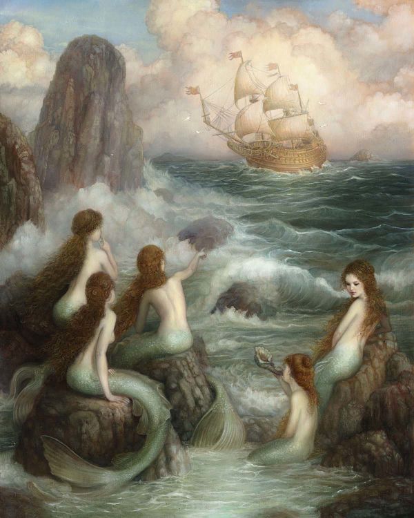 three mermaids are sitting on rocks in the ocean with a ship in the background