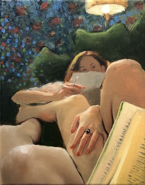 a painting of a woman laying down reading a book