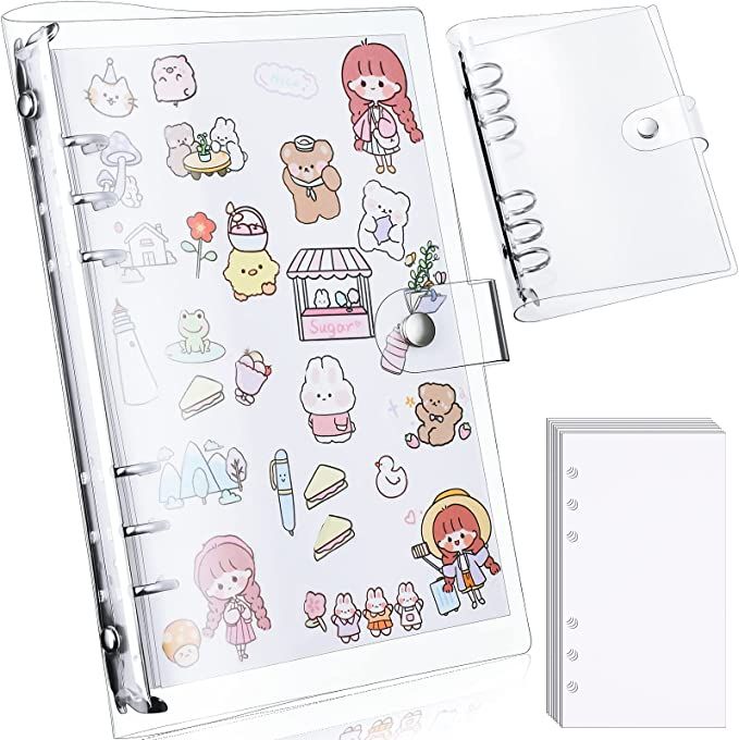 an open binder with various stickers on it