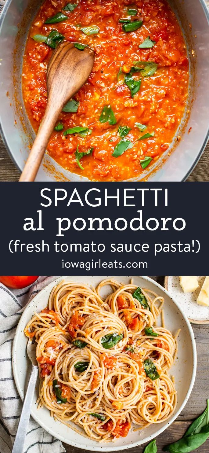 spaghetti with tomato sauce and basil in a skillet on the side, next to a wooden spoon