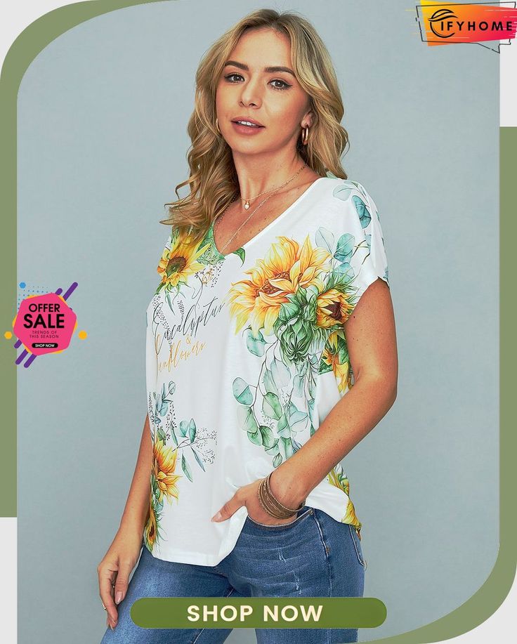 Floral Vacation V Neck Shirts & Tops Summer Casual Blouse With Graphic Print, Casual Summer Blouse With Graphic Print, Fall Vacation Short Sleeve T-shirt, Casual Yellow V-neck Top, Summer V-neck Graphic Print Shirt, V-neck Graphic Print Summer Shirt, Summer V-neck Shirt With Graphic Print, Yellow V-neck Summer Shirt, Casual Printed Tops With Relaxed Fit