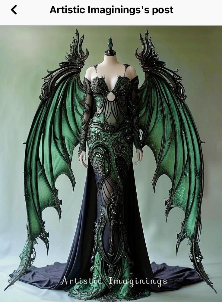 Dragon Prom Dress, Dragon Princess Dress, Mystical Dresses Fairytale, Green And Black Gown, Dragon Inspired Outfits, Demon Dress, Dress With Wings, Funny Optical Illusions, Dragon Dress