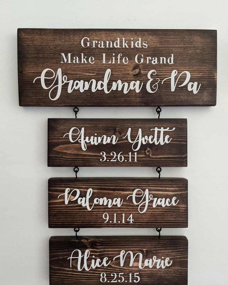 three wooden signs hanging on the wall with names and numbers in white ink, one saying grand