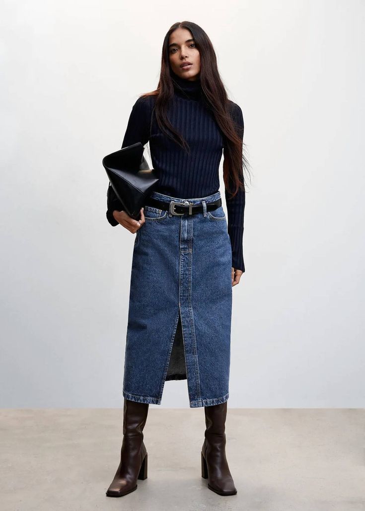 Midi Rok Outfit, Denim Skirt Outfit Winter, Long Jean Skirt Outfits, Midi Rock Outfit, Denim Midi Skirt Outfit, Long Denim Skirt Outfit, Skirt Outfit Fall, Jean Skirt Outfits, Long Jean Skirt