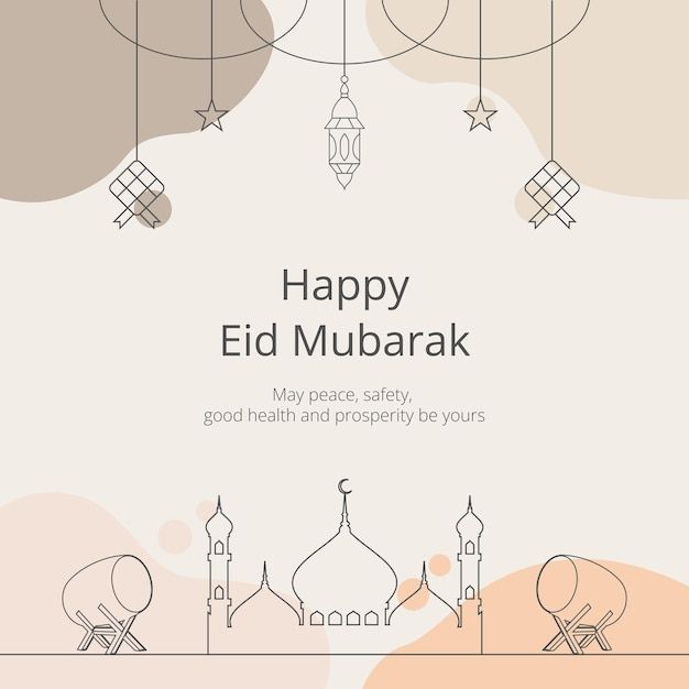 happy eid mubarak greeting card with mosques and lanterns on an abstract background