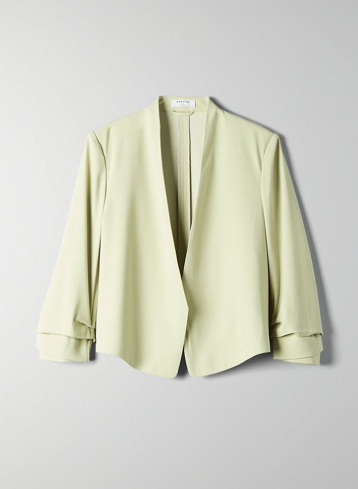 POWER SHORT BLAZER - Cropped 3/4 rolled sleeve blazer Formal Open Front Blazer For Fall, Fall Formal Open Front Blazer, Chic Open Front Formal Outerwear, Elegant Open Front Blazer For Fall, Elegant Open Front Blazer For Office, Elegant Open Front Office Blazer, Fitted Open Front Elegant Blazer, Elegant Open Front Blazer For Workwear, Elegant Open Front Workwear Blazer