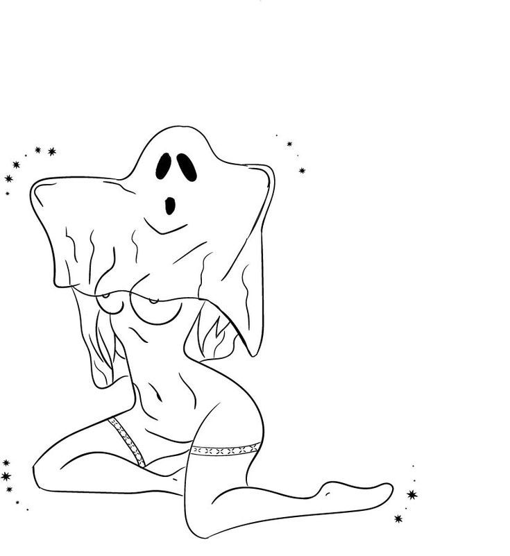 a woman sitting on the ground in front of a ghost