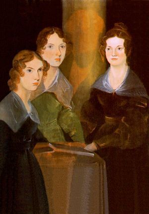 three women standing next to each other in front of a painting