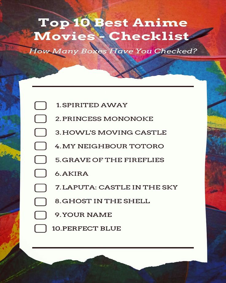 the top 10 best anime movies and checklist is shown on a colorful background with text