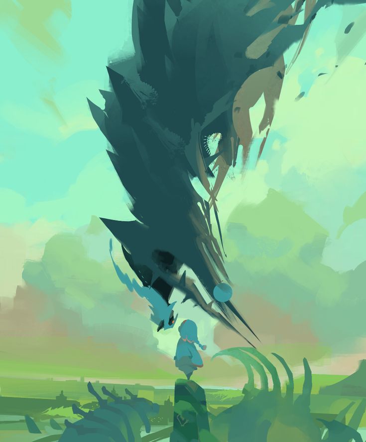 an animated image of a person standing in front of a large bird flying over the ground