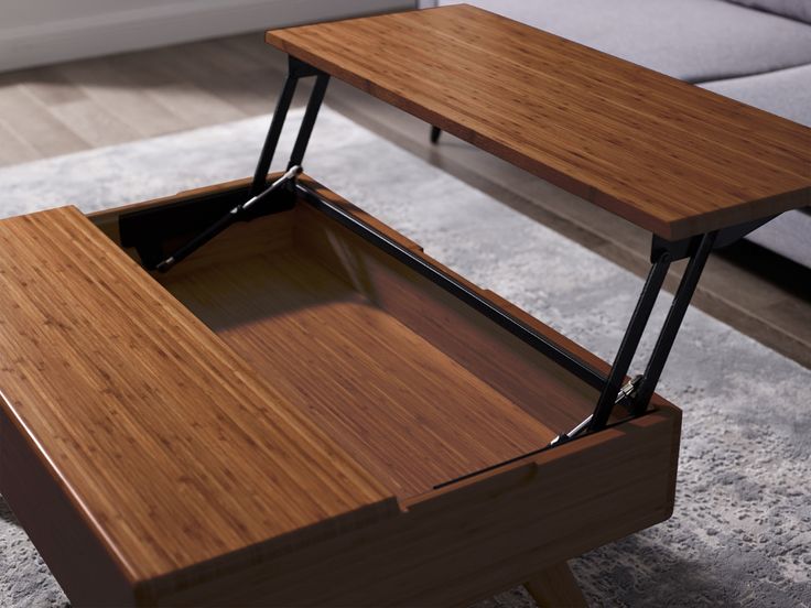 a wooden table sitting on top of a white rug