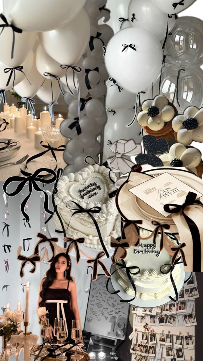 a collage of photos with balloons, cake and other items in the background that are black and white