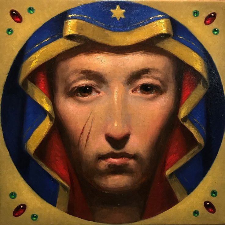 a painting of a man's face in gold and blue