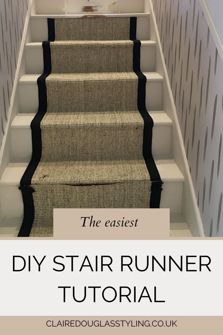 DIY stair runner being attached to neutral painted stairs Diy Stair Runner, Staircase Runner, Landing Area, Door Thresholds, Treads And Risers, Top Of The Stairs, Diy Stairs, Rug Runners, House No