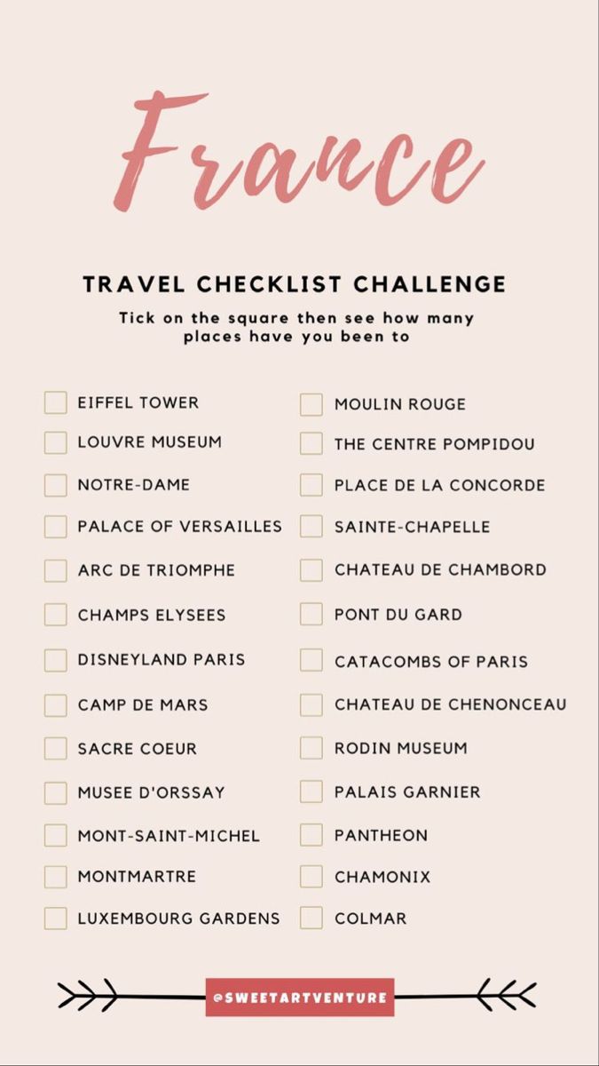 a travel checklist with the words france in pink and white on top of it