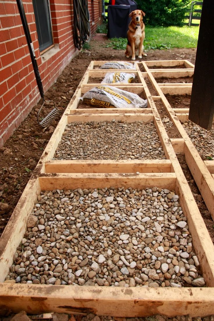 a dog standing next to a brick building with wooden beams in it's ground