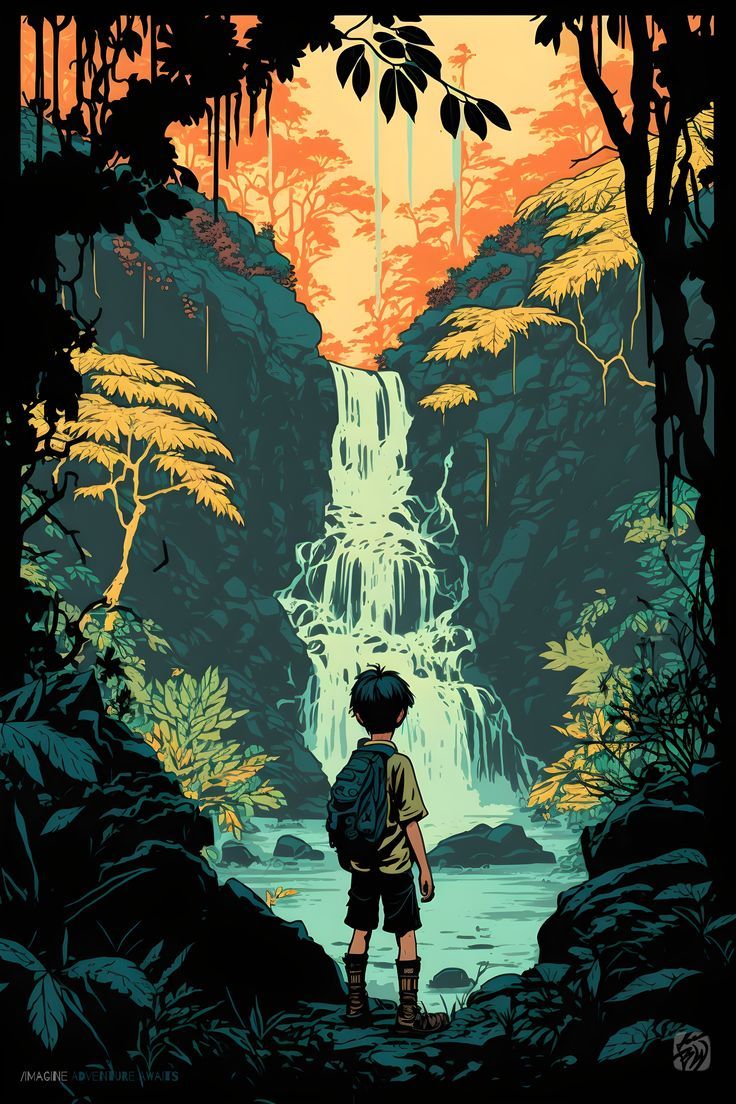 a boy standing in front of a waterfall looking out at the forest and water below