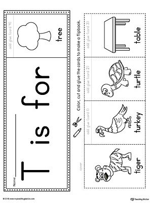 a printable worksheet for beginning with the letter t, and an image of a