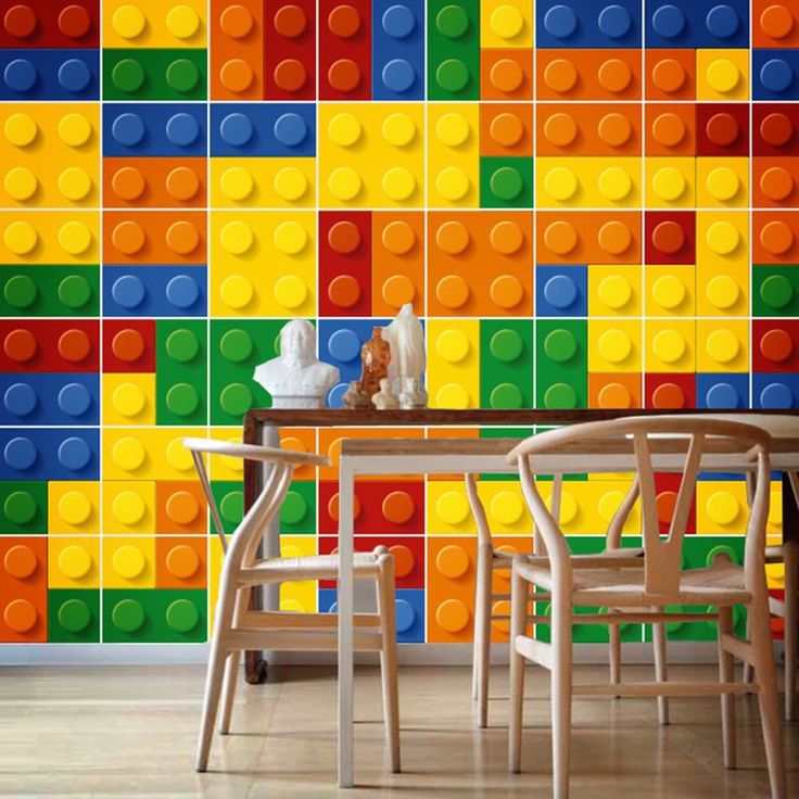 colorful lego wallpaper in a dining room