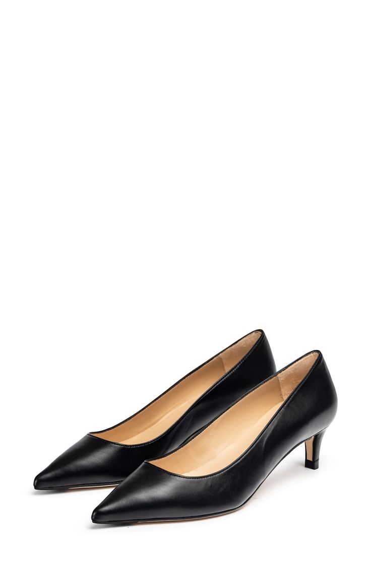 Complete your look with the impeccable poise of this versatile pointy-toe pump lifted by a kitten heel. 1 1/2" heel Leather upper, lining and sole Made in Spain Women's Shoes Classic 4-inch Kitten Heels For Office, Classic Kitten Heels With Reinforced Heel, Classic Kitten Heels With 4-inch Heel For Office, Medium Width Kitten Heels With Reinforced Heel For Workwear, Medium Width Kitten Heels With Reinforced Heel For Work, Classic Pumps With Pointed Toe And Deep Heel Cup, Classic Kitten Heels With Removable Insole, Low Heel Court Shoes With Sculpted Heel For Office, Business Low Heel Kitten Heels With Padded Heel