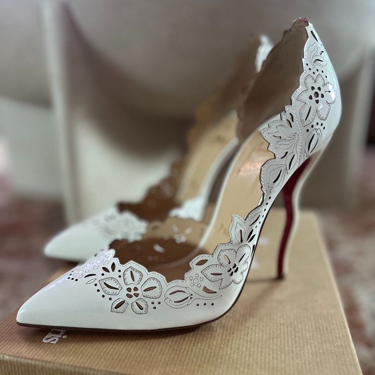 Never Worn, Stunning Christian Louboutin Heels. Perfect For A Bride To Be Or To Just Compliment Any Outfit. 100% Authentic. Material: Patent Leather Size: 38.5/8 Color: White Original Box And Dust Bag(S) Included Bride Heels, Christian Louboutin Heels, Louboutin Heels, Bride To Be, Louboutin Shoes, Future Wedding, Patent Leather, Christian Louboutin, Original Box