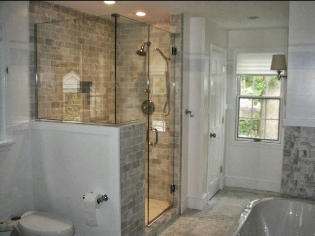 a bathroom with a walk in shower next to a toilet