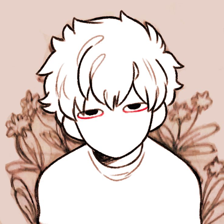 a drawing of a boy with red eyes and white shirt on, in front of some flowers