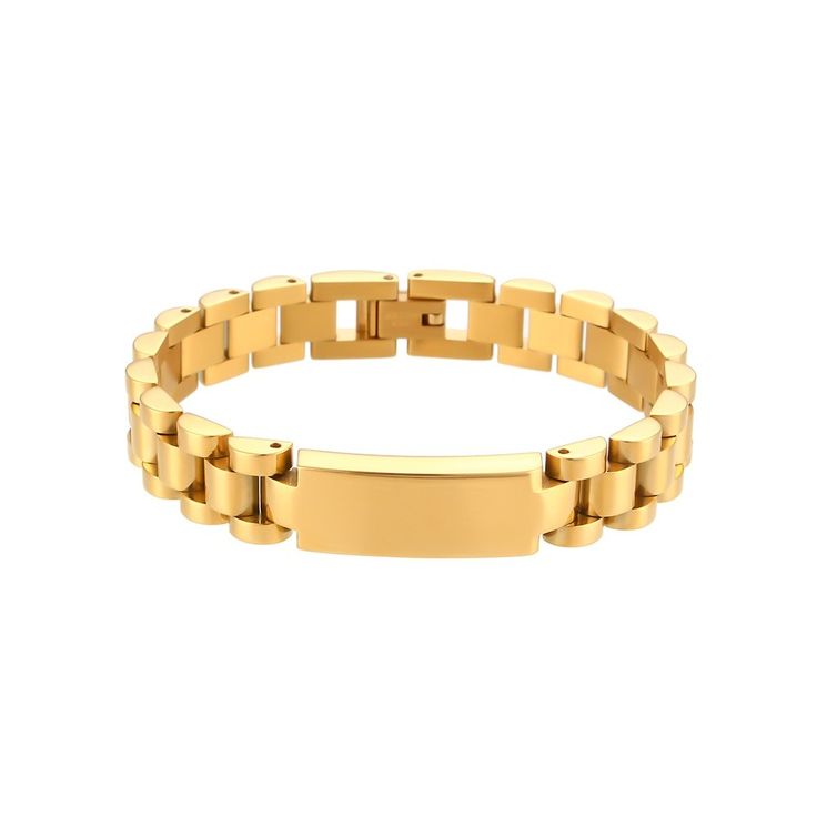 This Y2K inspired watchband bracelet features an array of sparkling CZ stones along a chunky watch link chain. DETAILS & SIZE Finish: 18k gold plate Materials: 316L Stainless Steel; CZ stones Measurements: Chain length: 6.5" (you can purchase the .5" extension separately); Chain width: 15mm Folding latch clasp Waterproof, tarnish-resistant, and nickel free Shop Bracelets for more options to layer this with! Gold Rectangular Stainless Steel Chain Bracelet, Trendy Gold Bracelets With Box Chain, Zara Bracelet, Jewelry Bracelets Gold, Stainless Steel Bangles, Zircon Jewelry, Bangles Style, Retro Geometric, Leather Chain