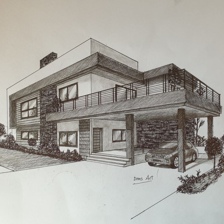 a drawing of a house with a car parked in front