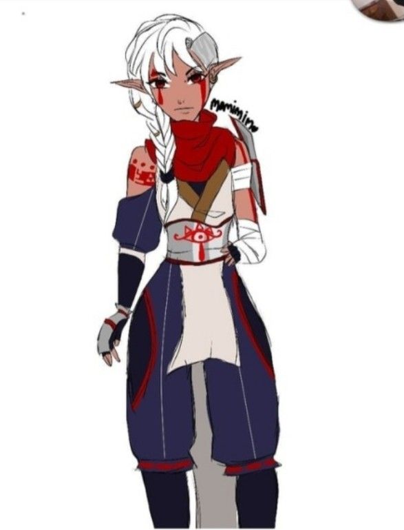 an anime character with white hair and red eyes, wearing a blue and white outfit