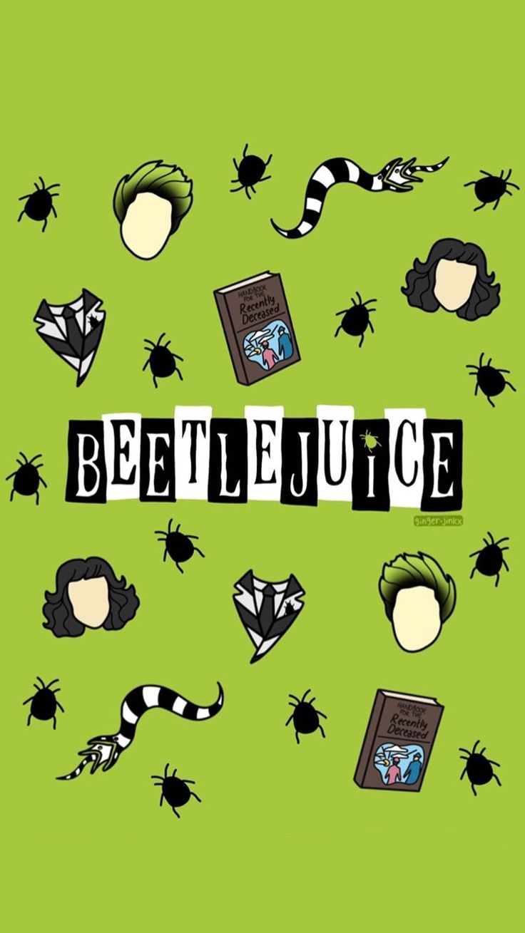 beetlejuice on a green background with black and white bugs around the word'beetlejuice '