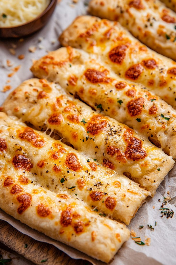 several slices of pizza sitting on top of a cutting board next to cheese and herbs